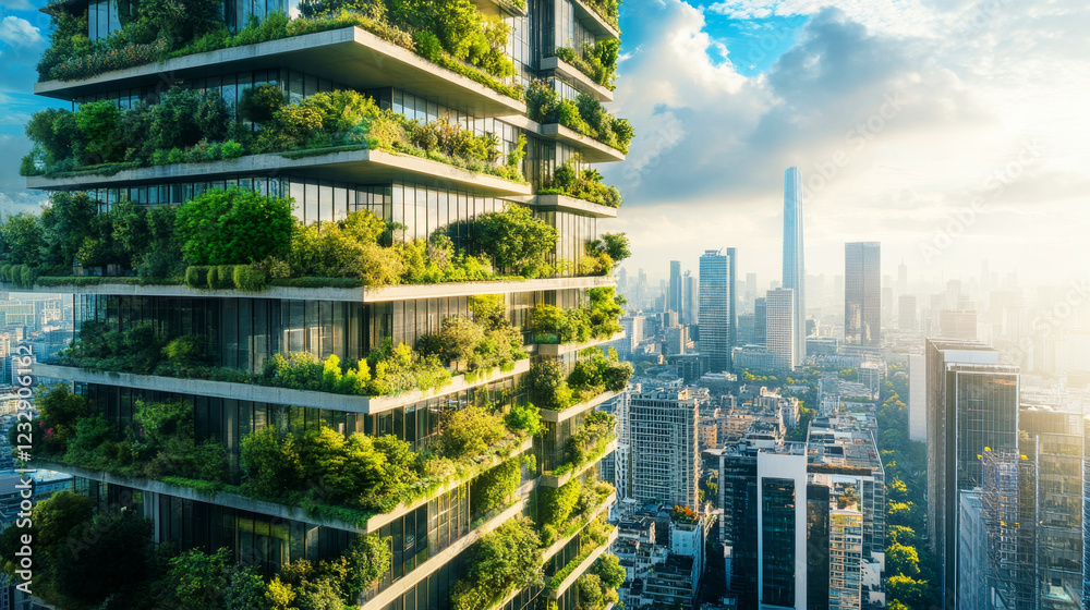 Obraz premium Innovative eco-friendly skyscrapers transform urban landscape with nature integration