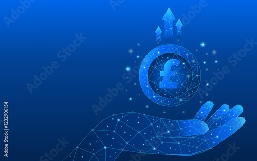 Technology revenue growth concept pound sterling currency . Abstract concept of coins in a hand and up arrows on blue background. Money coins in a hand. Profit growth. Low poly wireframe digital vecto