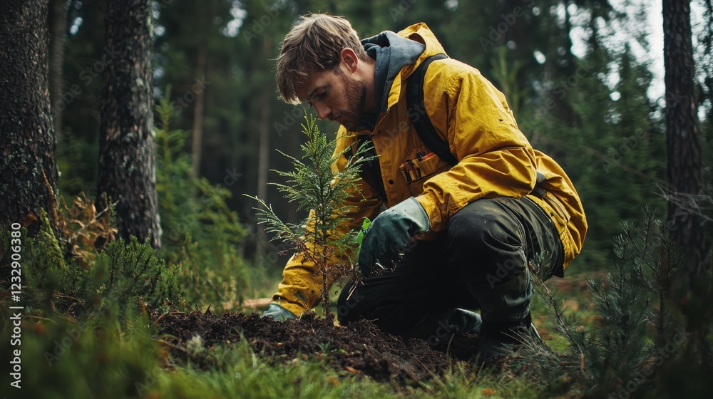 Person in Yellow Jacket Planting Tree Seedling in Forest Setting Person in Yellow Jacket Planting Tree Seedling in Forest Setting