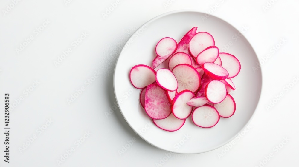 A simple plate of fresh radish slices, neatly arranged in a simple pattern on a plain white ceramic plate, Radish slices centered A simple plate of fresh radish slices, neatly arranged in a simple pattern on a plain white ceramic plate, Radish slices centered