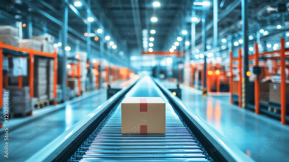 Naklejka premium Lone package waits for shipment in a high-tech automated logistics warehouse with conveyor belts