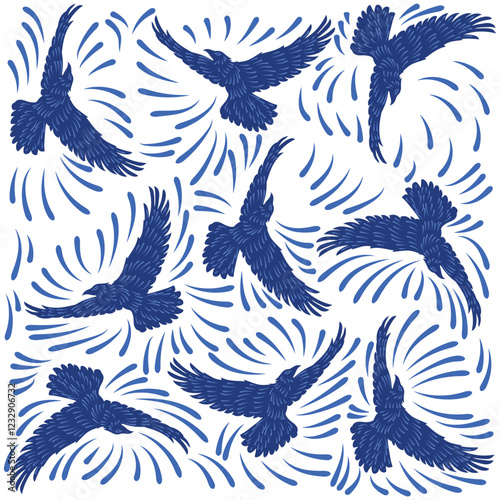 Blue and white seamless pattern with birds. Background in the style of classic ethnic porcelain painting. Old fashion hand drawn rustic floral motifs. Vector illustration.