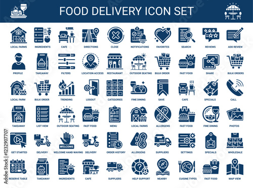 food delivery glyph icon set ui ux design elements, order drink online eat