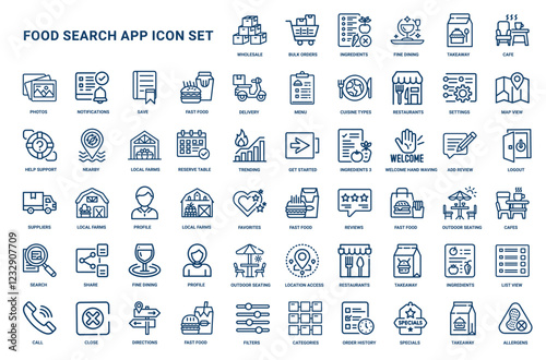 food app icon set ui ux elements icons shopping cart fork knife magnifying glass heart star clock, simple clean scalable customizable