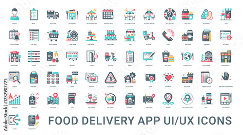 food delivery app ui ux elements flat icons, search payment review map