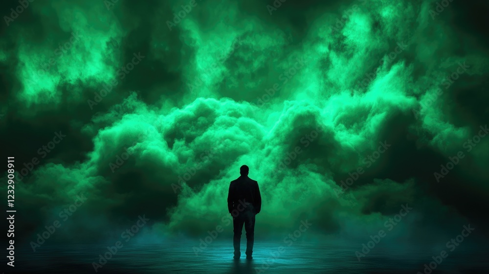 Fototapeta premium Man facing green cloud storm, night, mystery