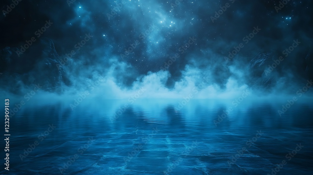 Fototapeta premium Mystical Night Sky Over Foggy Mountain Lake