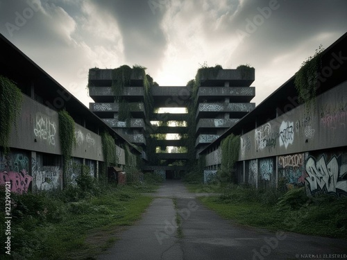 a dilapidated brutalist building complex where plants are already growing and there is a lot of graffiti; postapocalyptic scene