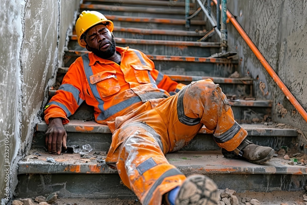 An African American construction worker lying on the staircase in pain after a work accident. An African American construction worker lying on the staircase in pain after a work accident.