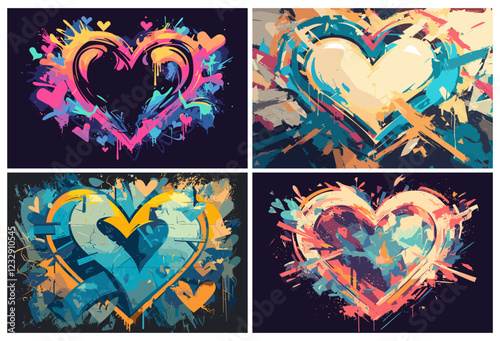 Graffiti heart on the wall. Abstract romantic love spray paint street art, valentine poster, urban banner design vector set
