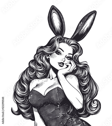 Woman in bunny costume. Pin-up model wear hoop with rabbit ears corset, female lingerie character mascot vector