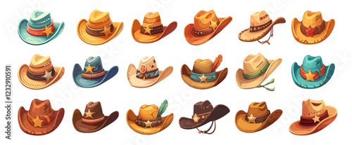 Cartoon cowboy hats. American sheriff clothing accessory with star, wild west rodeo texas symbol, american headwear vector set