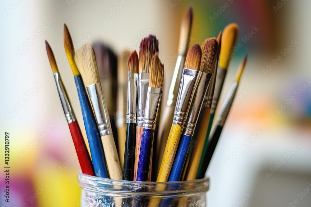 Paintbrushes collection resting in a glass jar ready for artistic creation Paintbrushes collection resting in a glass jar ready for artistic creation