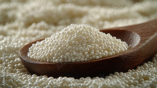 White tapioca pearls in wooden spoon. Food ingredient background photo
