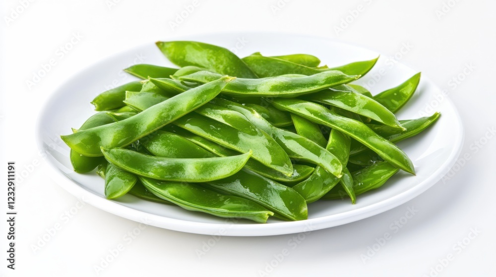 A simple plate of fresh snap peas, neatly arranged in a simple pattern on a plain white ceramic plate, Snap peas centered A simple plate of fresh snap peas, neatly arranged in a simple pattern on a plain white ceramic plate, Snap peas centered