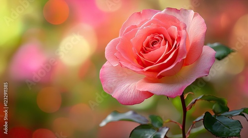 A single pink rose blossoms against a blurred background