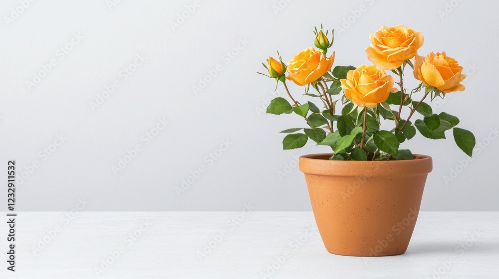 Orange Roses in Terracotta Pot on White Background Orange Roses in Terracotta Pot on White Background
