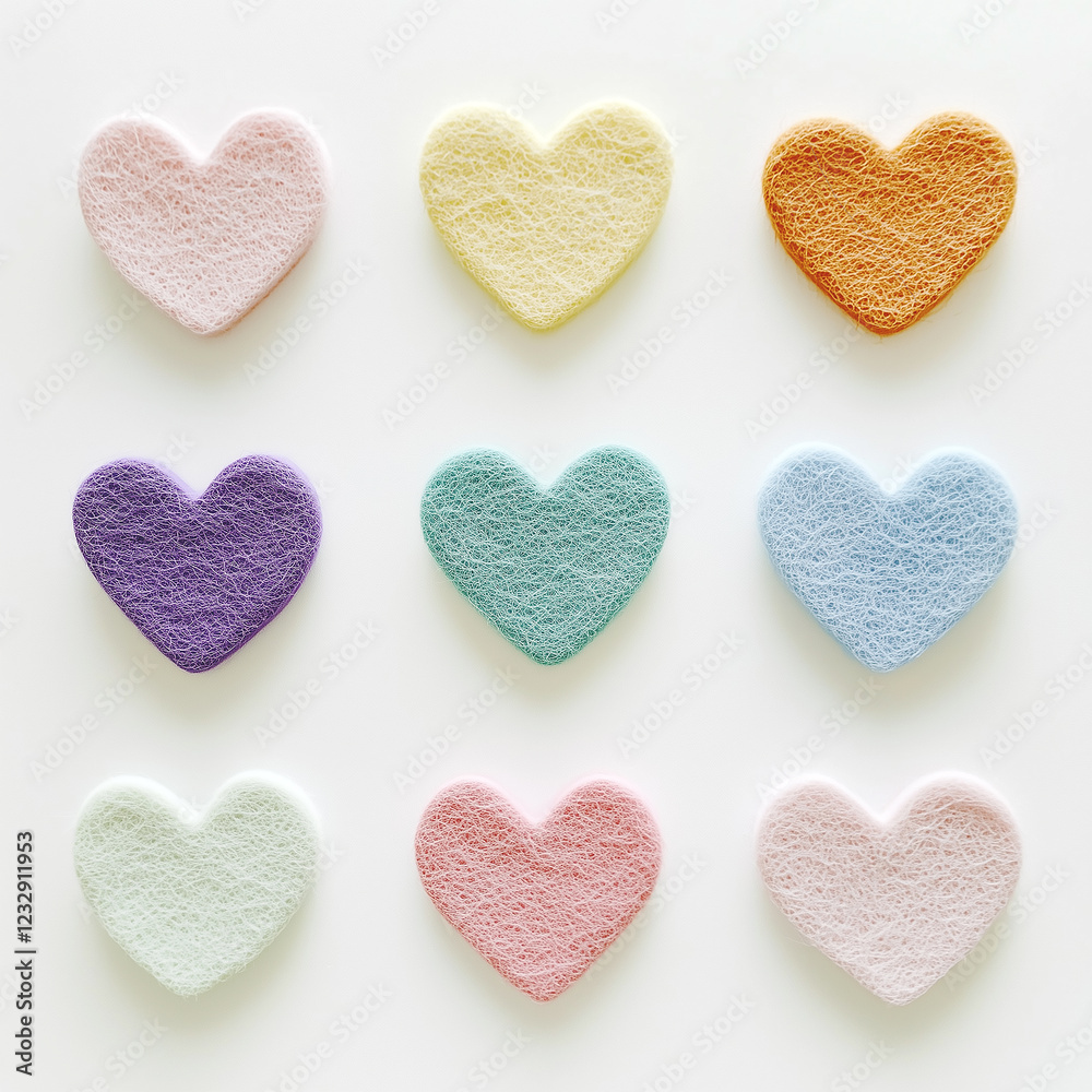 Soft Colorful Sponge Hearts Arranged in Grid Pattern on White Background – Pastel Decorative Hearts for Craft, DIY, Valentine’s Day, Love, and Romantic Design Soft Colorful Sponge Hearts Arranged in Grid Pattern on White Background – Pastel Decorative Hearts for Craft, DIY, Valentine’s Day, Love, and Romantic Design