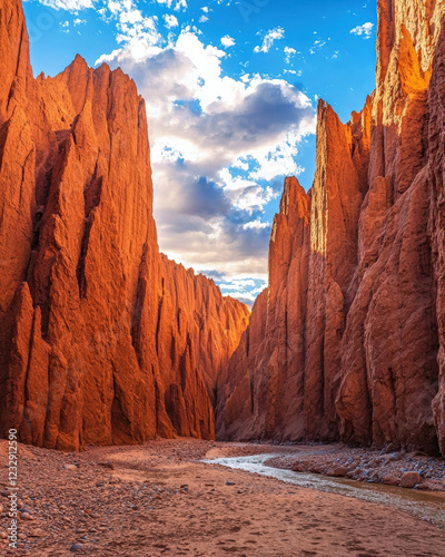 Eroded canyon with towering rock walls and winding river under blue sky
