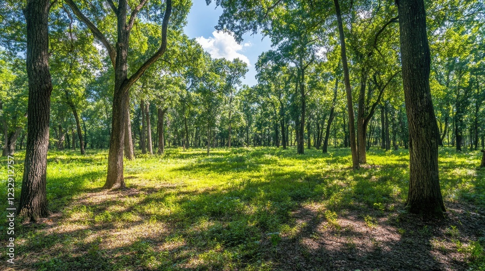 Sun dappled forest floor with tall trees Sun dappled forest floor with tall trees