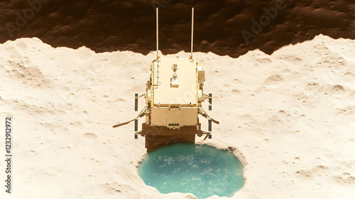 Robotic probe exploring a crater on a celestial body, possibly Mars or the Moon, revealing a subsurface water source.