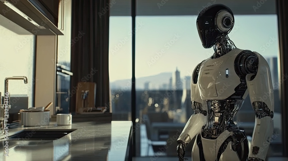 Advanced Robot in Modern Kitchen Overlooking Cityscape Advanced Robot in Modern Kitchen Overlooking Cityscape