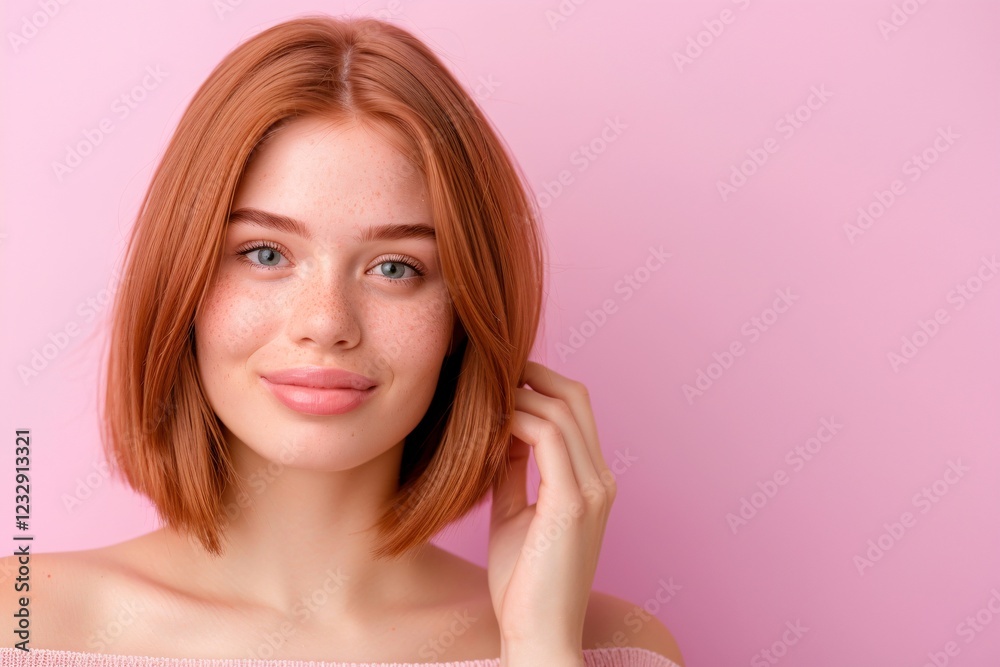 Portrait of smiling woman, short red hair, natural makeup, off-shoulder top, vibrant pink background, cheerful expression, close-up face, minimalistic style, copy space for text
Portrait of smiling woman, short red hair, natural makeup, off-shoulder top, vibrant pink background, cheerful expression, close-up face, minimalistic style, copy space for text