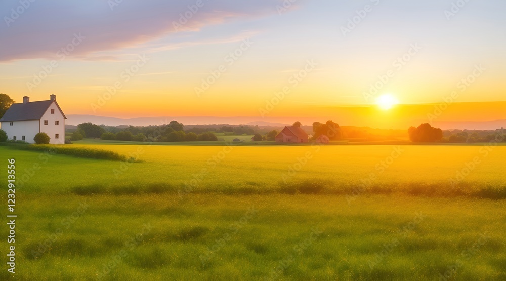 Obraz premium Green field with farm buildings during sunset