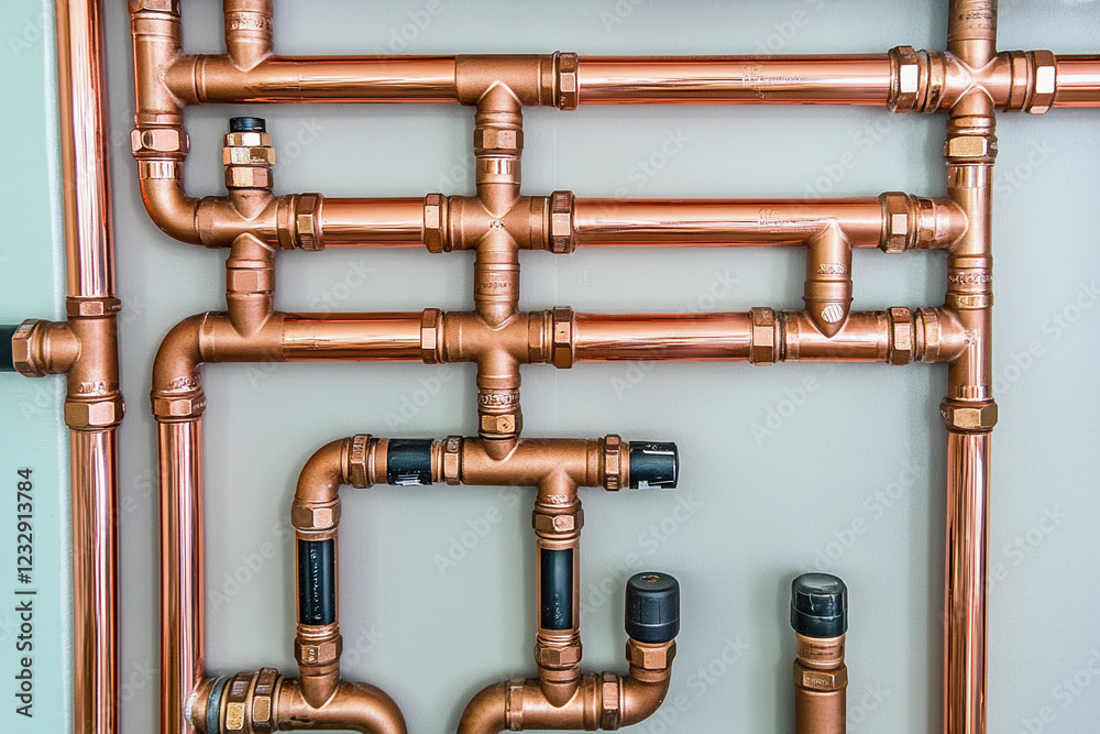 Fototapeta premium Copper plumbing pipes connect in a structured layout