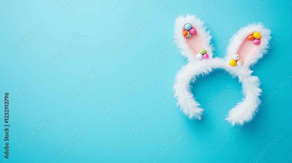 Fototapeta premium White fluffy bunny ears with colorful candies, top view. Easter concept.