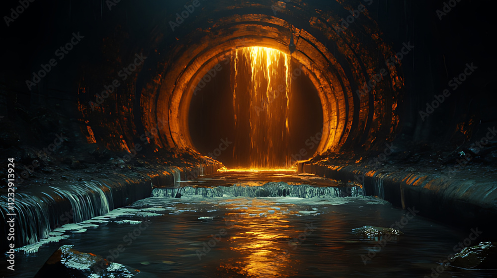 Obraz premium Underground tunnel, glowing waterfall, dark, water flowing, fantasy, cinematic, background, environmental, pollution, industrial