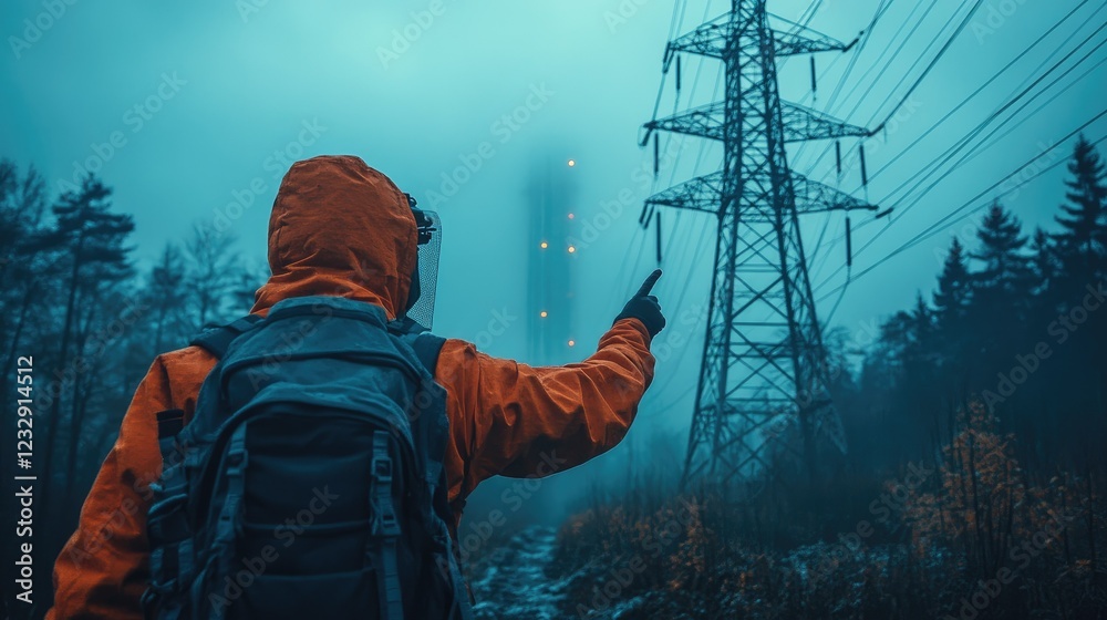 Fototapeta premium Person in orange jacket points towards power tower in fog
