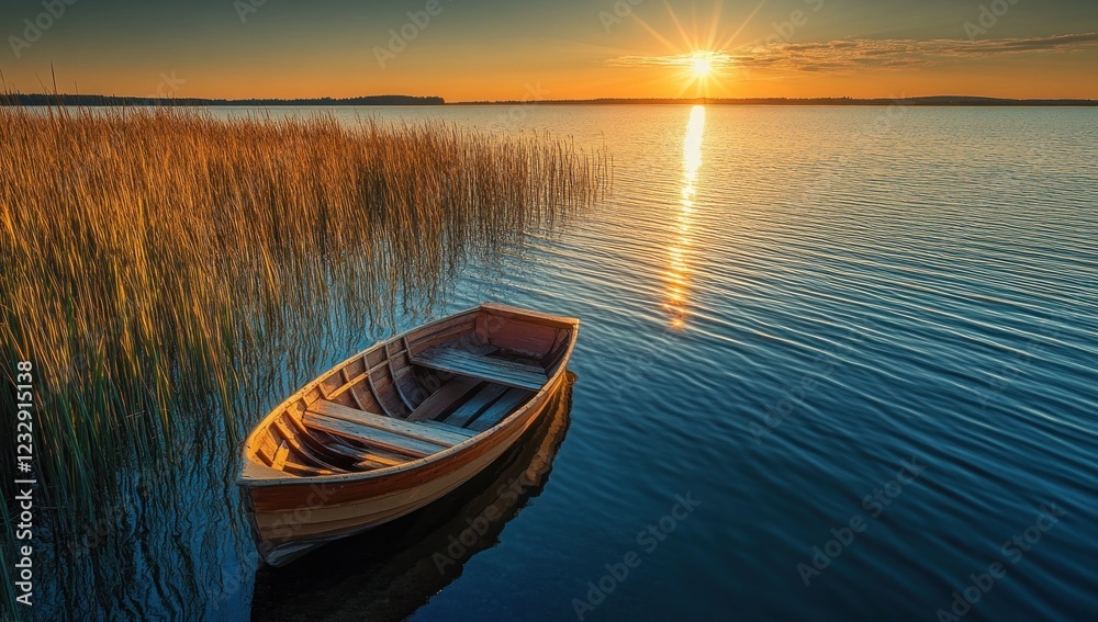 Fototapeta premium Serene Sunset: A Wooden Rowboat on a Tranquil Lake