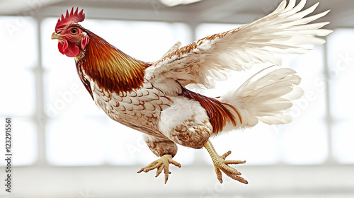 Rooster in flight, wings outstretched, legs extended.