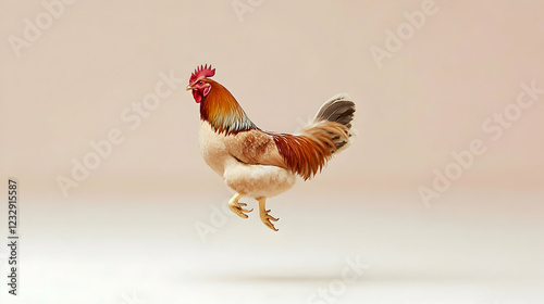Rooster in mid-air, light beige background.