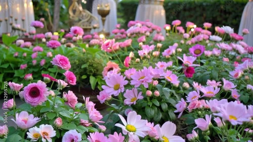 Floral Garden Setup with pink flowers and soft lighting, creating a perfect atmosphere for a special event. Floral Garden Setup with pink flowers and soft lighting, creating a perfect atmosphere for a special event.
