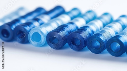 A row of blue and white thread spools