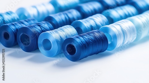 A row of blue and white thread spools