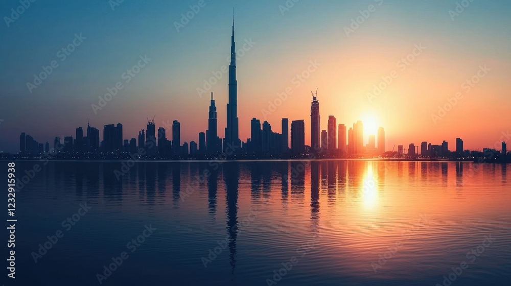 Stunning Sunset Over City Skyline with Reflections on Water Stunning Sunset Over City Skyline with Reflections on Water