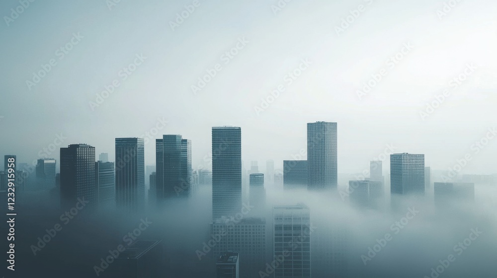Urban Skyline in Dense Fog with Tall Buildings and Soft Light Urban Skyline in Dense Fog with Tall Buildings and Soft Light