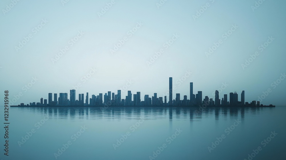Fototapeta premium Modern City Skyline Reflection on Calm Water in Minimalist Style