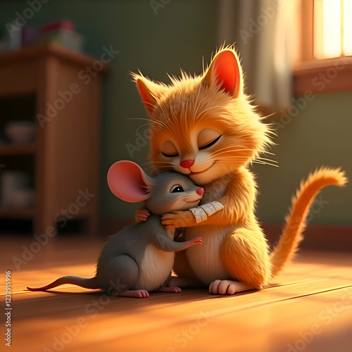 A heartwarming 3D animated scene of a cat and a mouse hugging each other with affection, both characters have peaceful and happy expression.