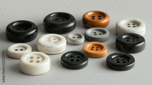 A collection of buttons with different colors and shapes