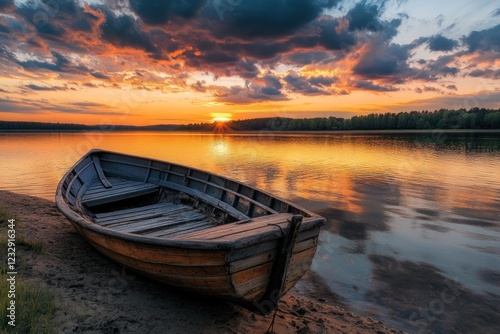 Sunset Serenity: A Lone Boat on a Tranquil Lake