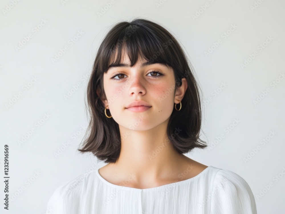 young woman with dark hair and bangs wearing a white shirt and gold hoop earrings young woman with dark hair and bangs wearing a white shirt and gold hoop earrings