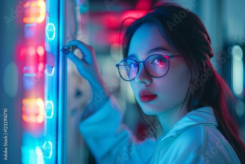 stunning individual in stylish eyeglasses adjusts the temperature on a holographic thermostat to regulate the heat in a futuristic smart home. photo