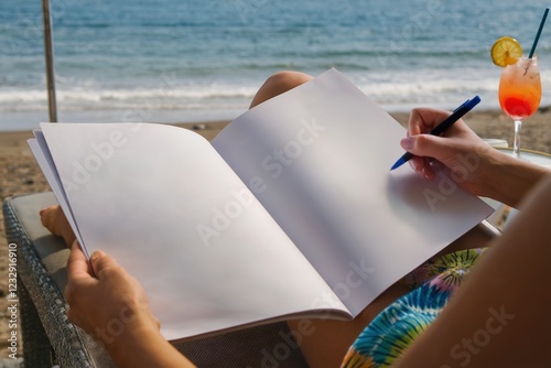 Person Writing in a Blank Notebook While Relaxing on the Beach