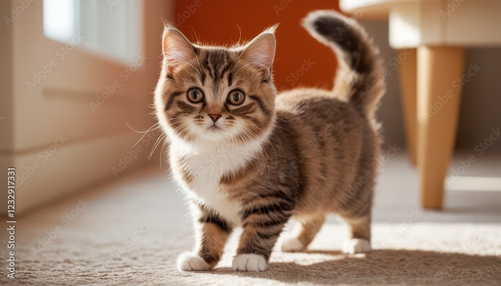 A cute Munchkin cat with bright orange fur and short legs explores a cozy home environment. This small feline radiates charm and playfulness in a warm setting A cute Munchkin cat with bright orange fur and short legs explores a cozy home environment. This small feline radiates charm and playfulness in a warm setting