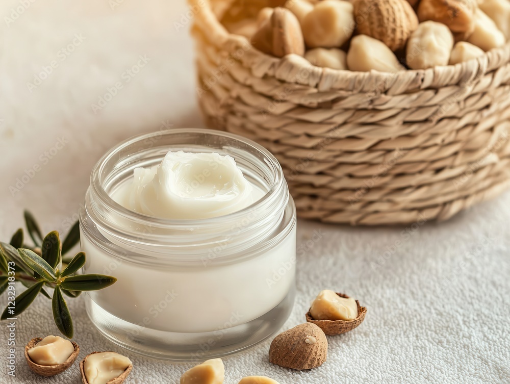 A serene display of a creamy moisturizer in a jar, surrounded by almonds and a woven basket, highlighting natural skincare ingredients. A serene display of a creamy moisturizer in a jar, surrounded by almonds and a woven basket, highlighting natural skincare ingredients.