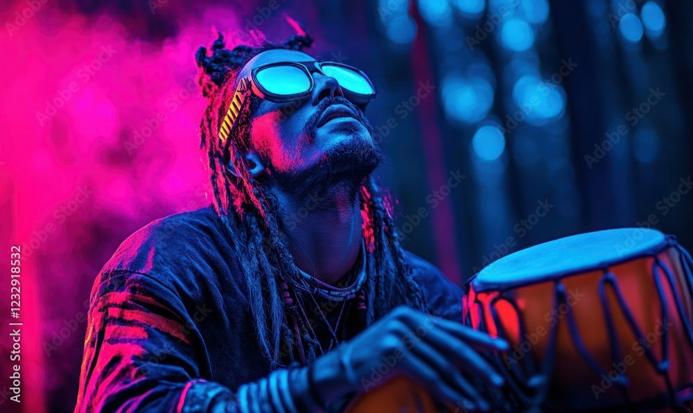 Obraz premium Modern Shaman Performing Futuristic Ritual in Neon Forest